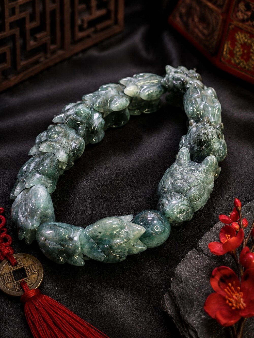 Natural Jadeite Pixiu Dragon Bracelet Genuine Jade 7.75"